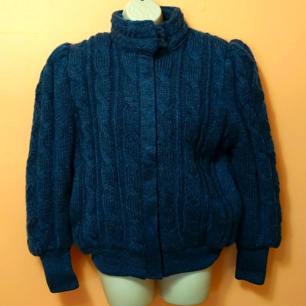 Vintage Lindsay Scott Cable Knit Barn Sweater Jacket Pockets Pad Shoulder Size M